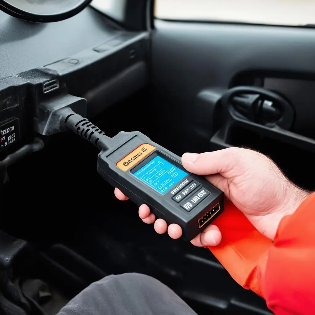 Mechanic connecting a diagnostic tool to a car's OBD-II port